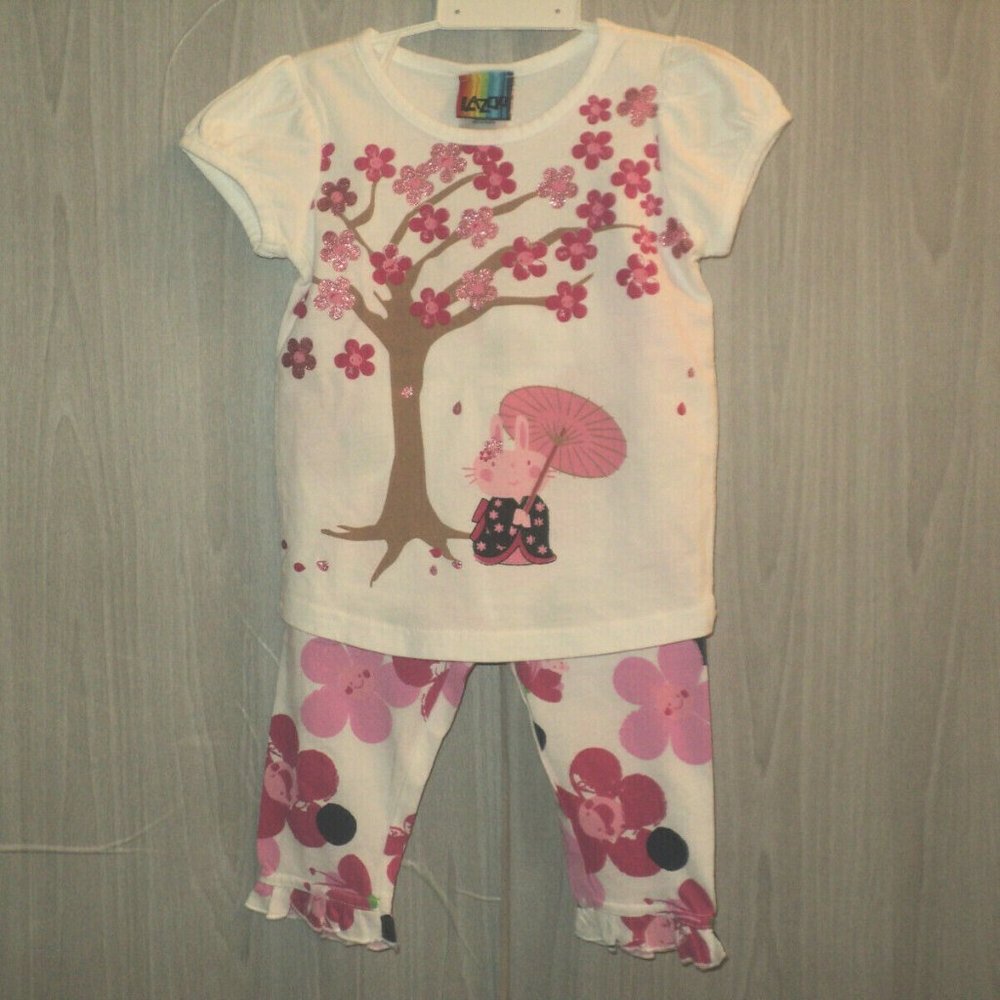 NEW Lazoo Girl's Outfit Infant 18 Months Flowers & Bunnies White & Pink Set